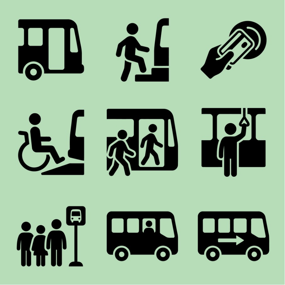 iconen van vervoersvormen zoals bus, trein, rolstoelbus, bushalte, chipkaart
